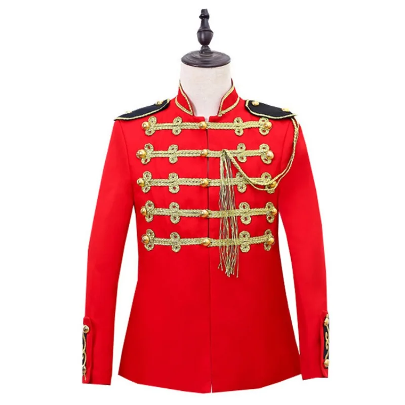 

Blazer Men European Court outfit Military uniforms Performance costumes preside red Inlaid with gold stage nightclub Costumes