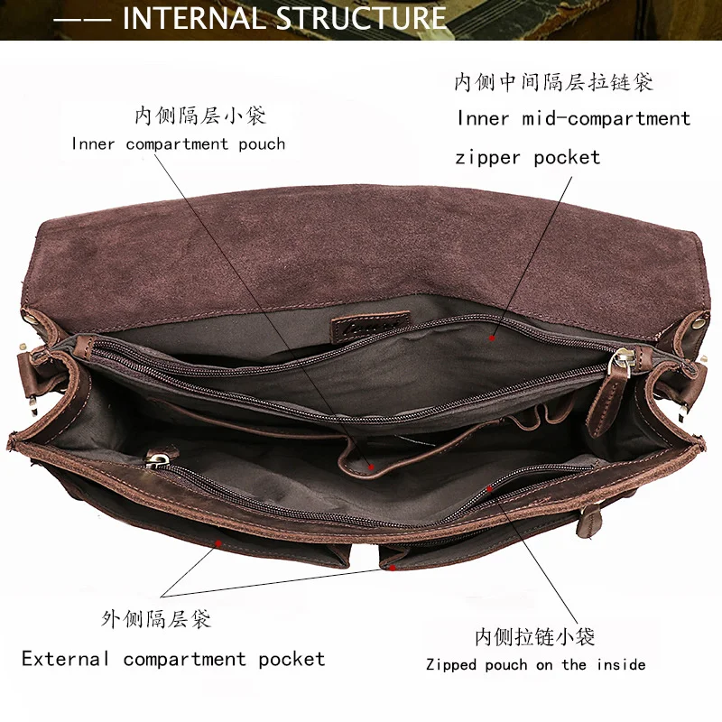 Natural Men's Leather Dark Brown Briefcase Vintage Portfolio Handbag Fashion Satchel Messenger Bag Office Laptop for Men