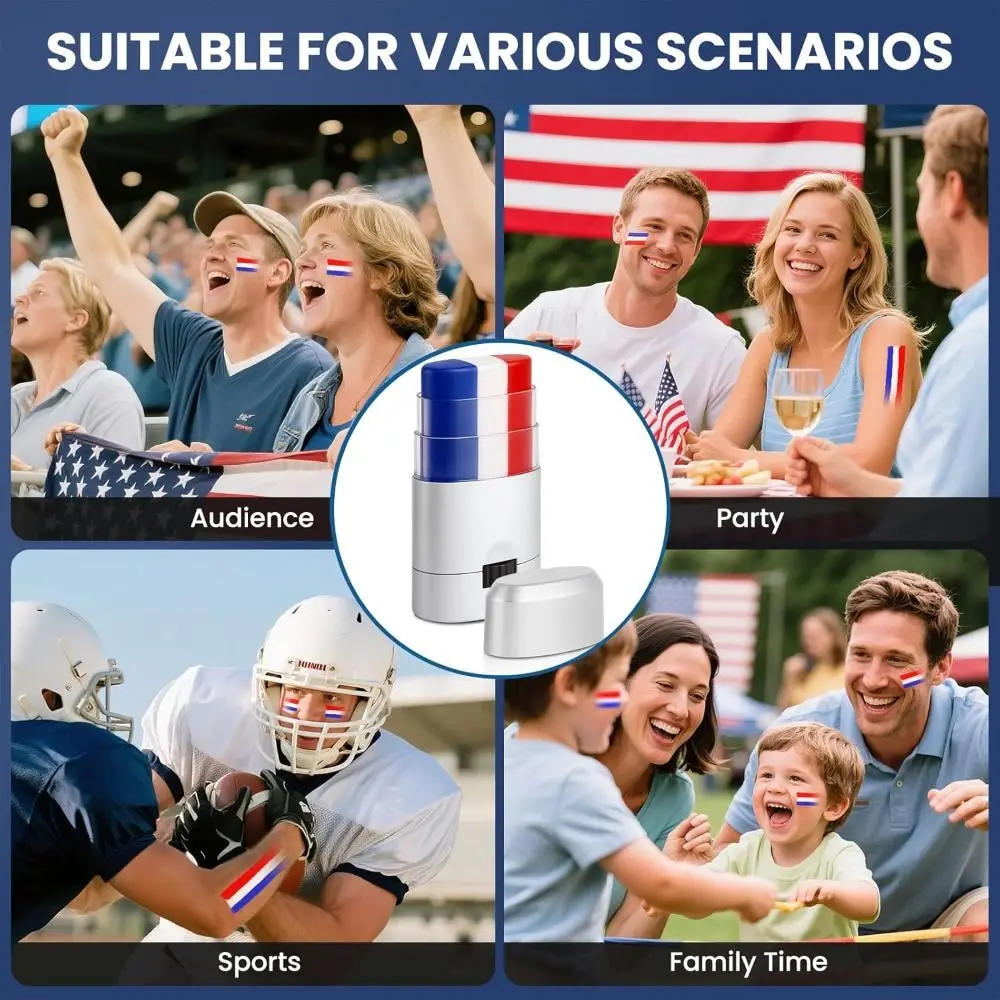 สีเพ้นท์หน้าและตัวแบบแท่ง สีแดง ขาว และน้ำเงิน กันเหงื่อ เนื้อสีนุ่มละลายง่าย สีดำสำหรับทาตา ติดทนนาน ปากกาเพ้นท์ตัว