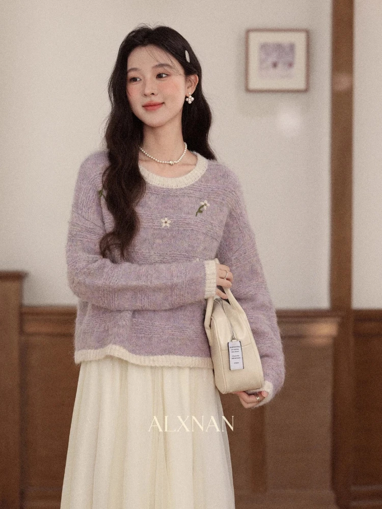 ALXNAN حجم كبير البلوز الجاكار الجولة الرقبة زهرة التطريز اللون حجب سترة فضفاضة تنوعا ملابس السيدات D58092