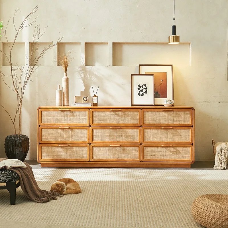 

Wabi Sansan Solid Wood Rattan Nine Bucket Cherry Side Cabinet Drawer Storage Storage