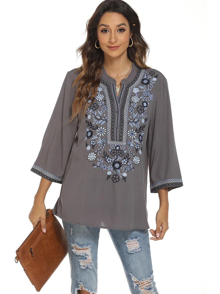 KHALEE YOSE Boho Embroidery Long Blouses Grey Flroal Boho Vintage Chic Blouse Summer Blouse Mexican Women 2 3xl Ethnic Shirts