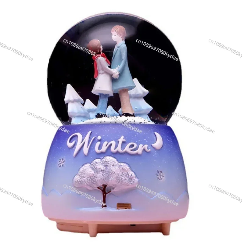 White Moonlight Couple Crystal Ball Music Box Valentine's Day Home Decoration Snow Glowing Rotating Creative Birthday Gift