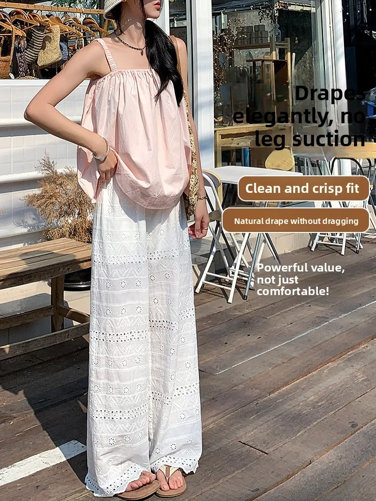 Białe koronkowe ażurowe spodnie z szerokimi nogawkami damskie luźne letnie cienkie spodnie plażowe na wakacje proste spodnie typu tuba casualowe spodnie