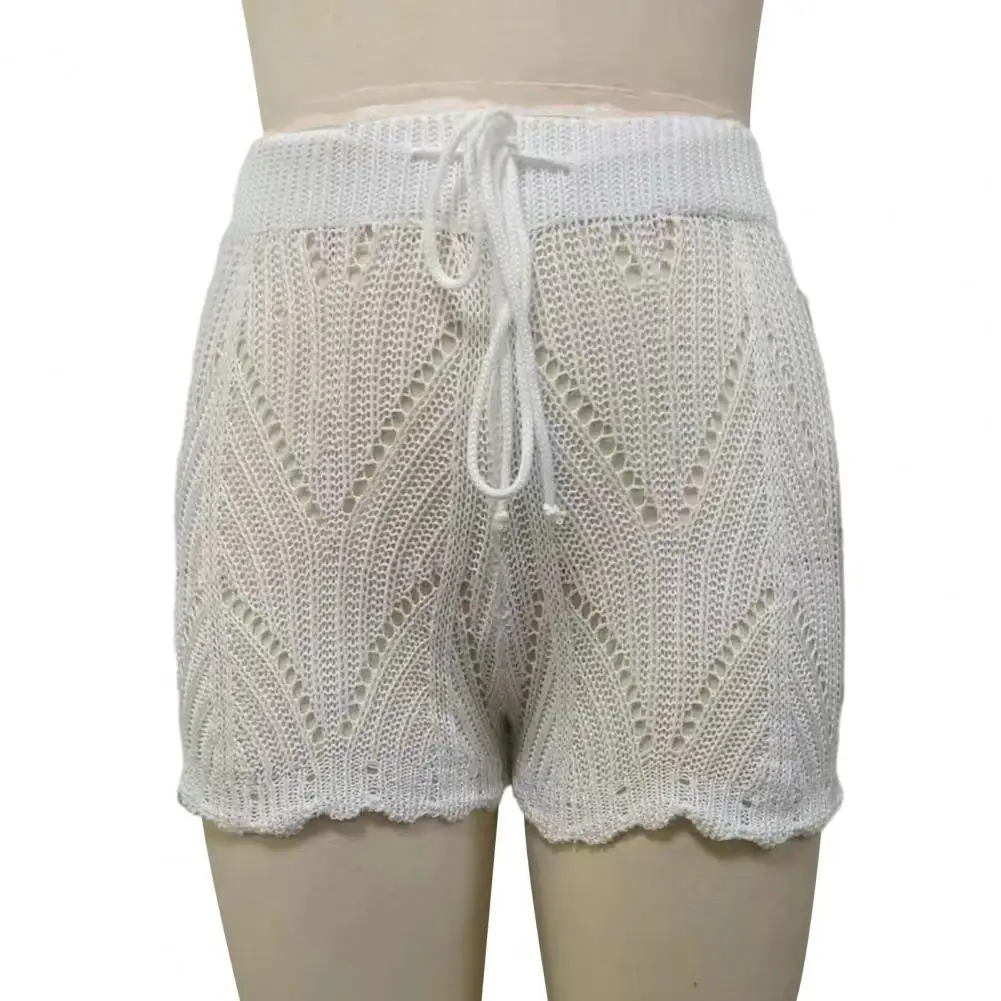 Shorts de praia feminino de renda elegante, cintura com cordão tricotado, tecido respirável macio, alto, verão