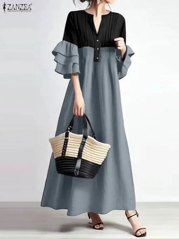 ZANZEA Fashion Maxi Dresses 2025 Women Autumn 3/4 Ruffled Sleeve Long Sundress V-Neck Color Patchwork Casual Loose Vestidos