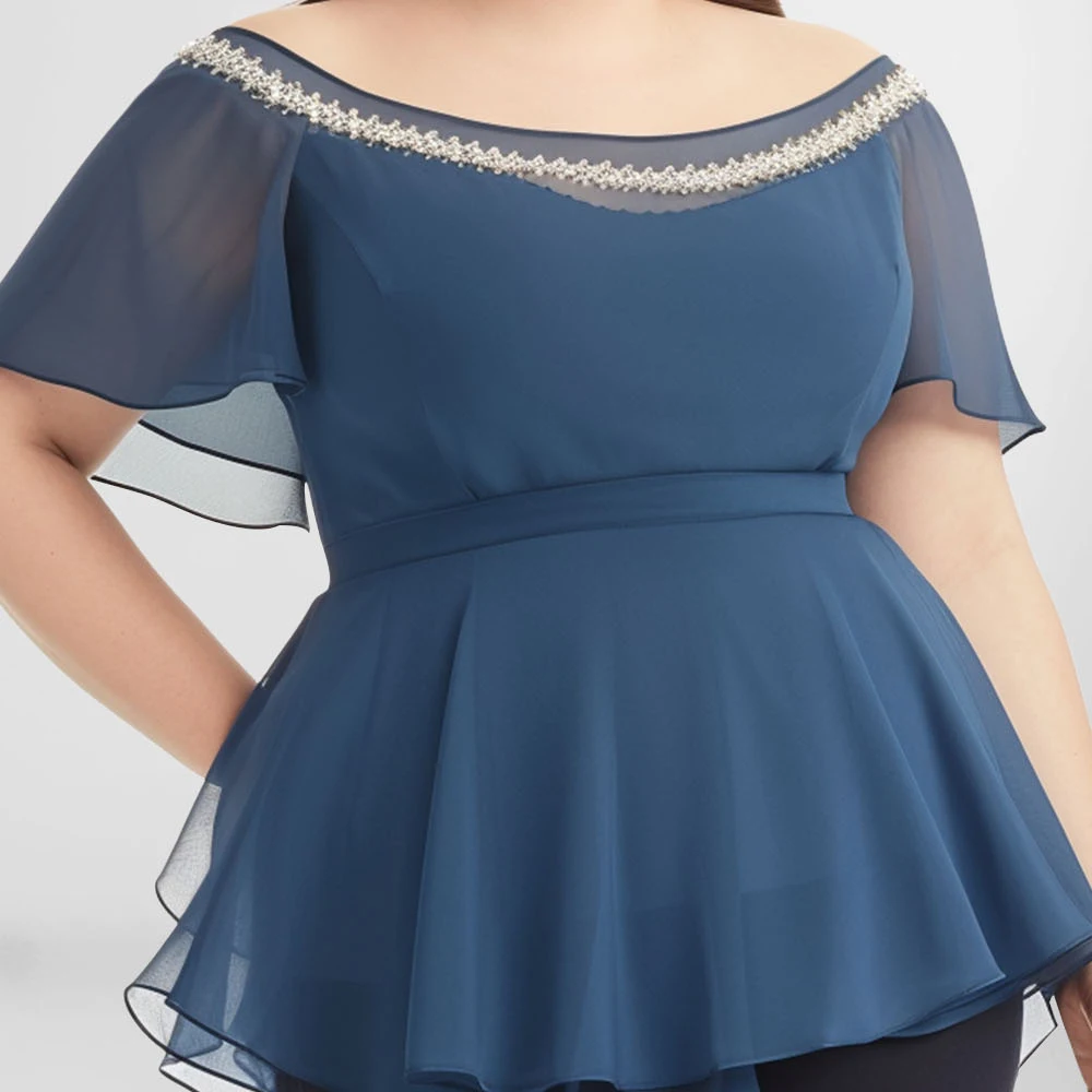 Plus Size Everyday Blue Solid Off The Shoulder Crop camicetta top con maniche a volant