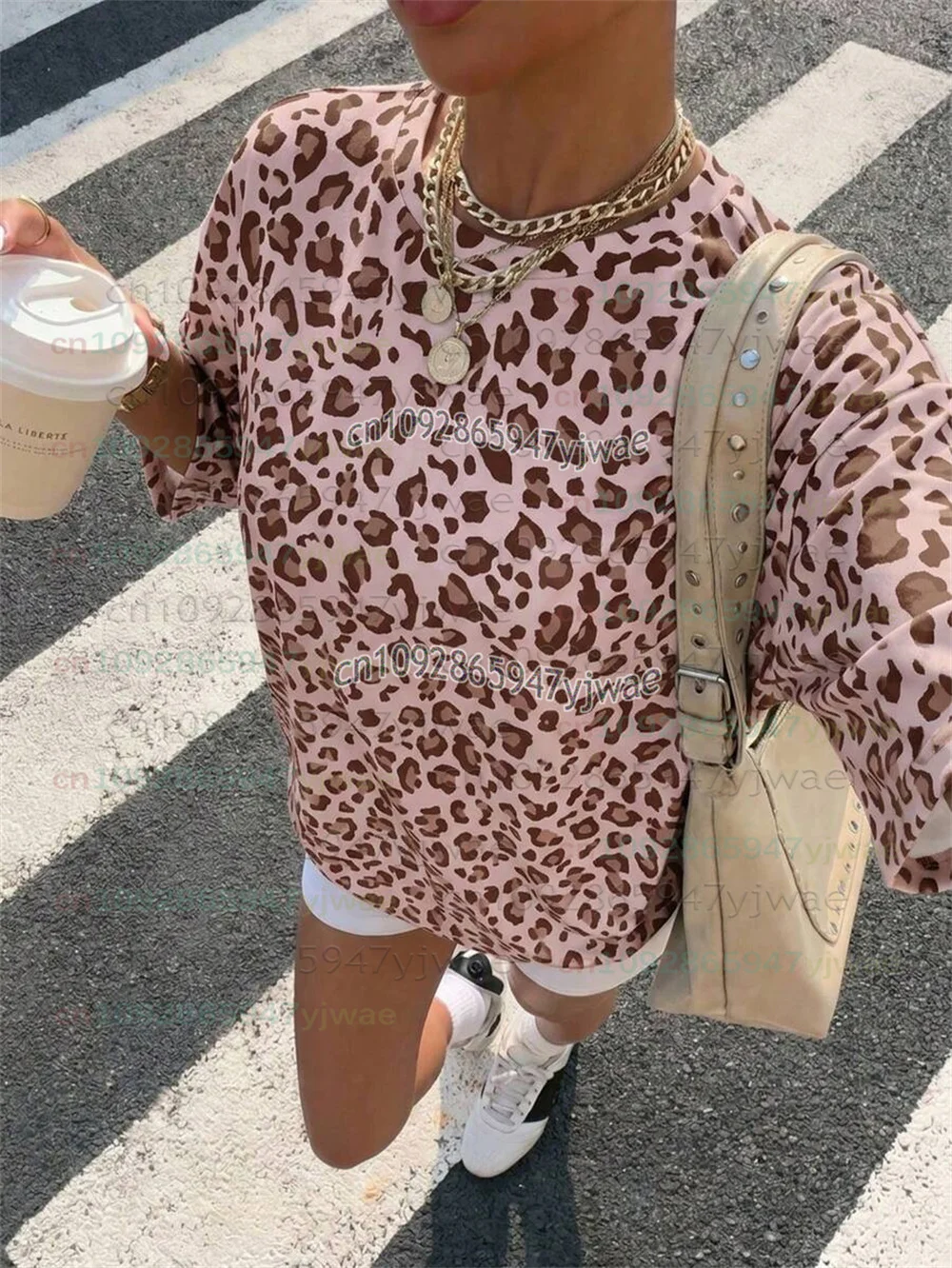 2026 Damen Oversized Athleisure Sportliches Baggy Country T-Shirt mit Leopardenmuster Nr. 09 Print Y2K Street Tee Tops – Detail 5