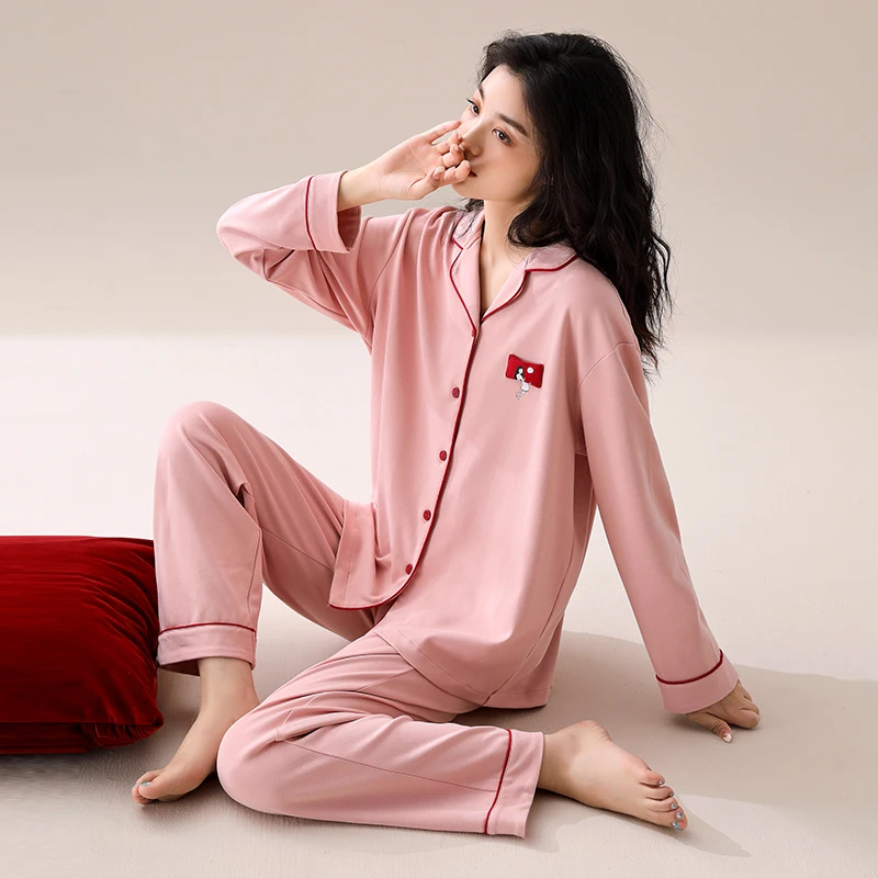 Pink Women Pajamas PJ Winter Autumn Long Sleeves Button-Down Print Pijamas  Cotton Sleepwear Set 2PCS Pyjama Femme 2024 New