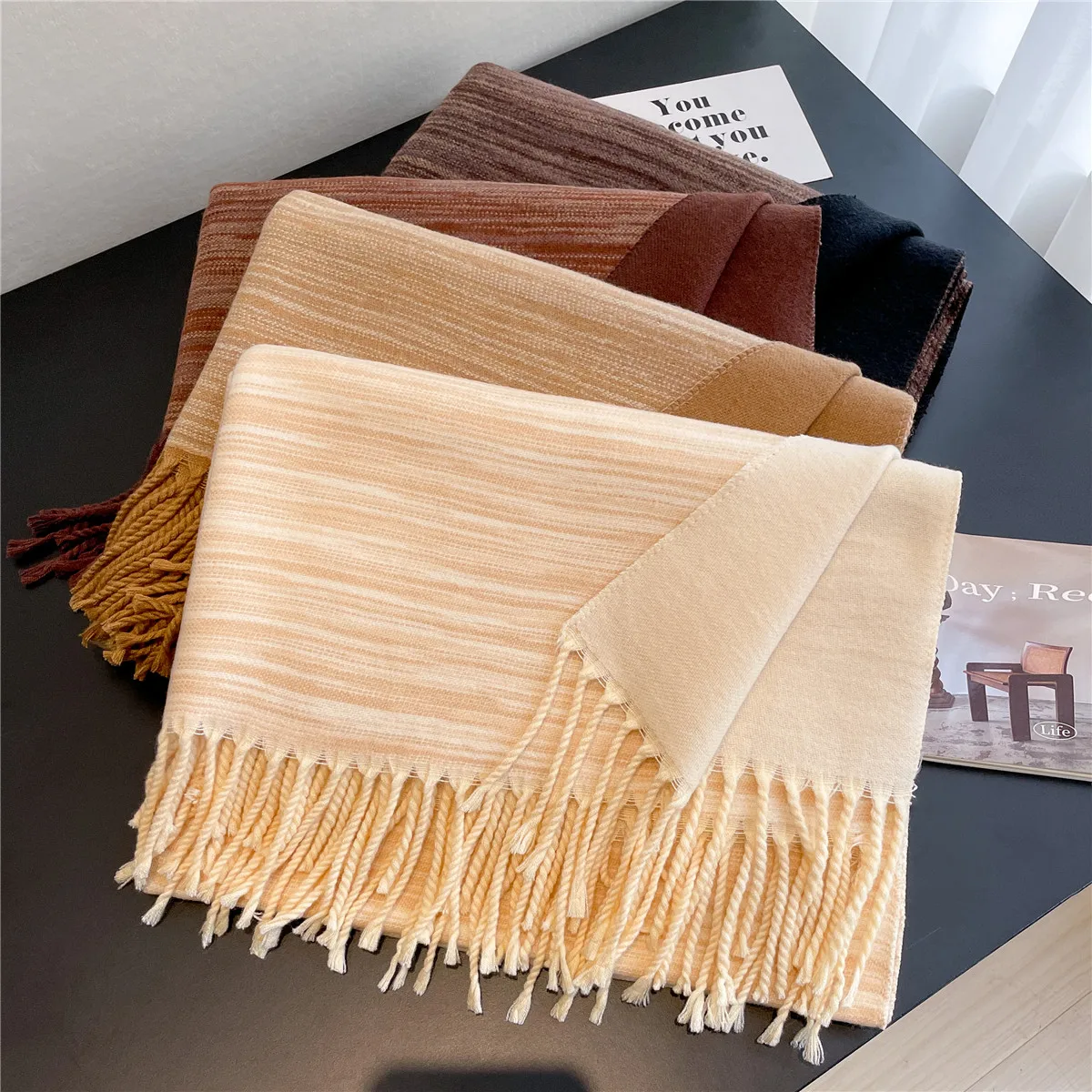 Striped Warm Thickeing Solid Korean Scarf for Women for Pathwork Stay Warm 2024 News Ladies Female Scarf Winter Autumn R61