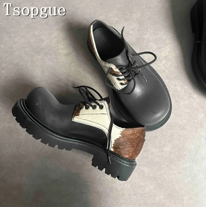 

Big Toe Leather Fur Patchwork Casual Shoes Couple Style New Fashion Thick Sole Mandarin Duck Wave Dot Lace Up Single Shoes