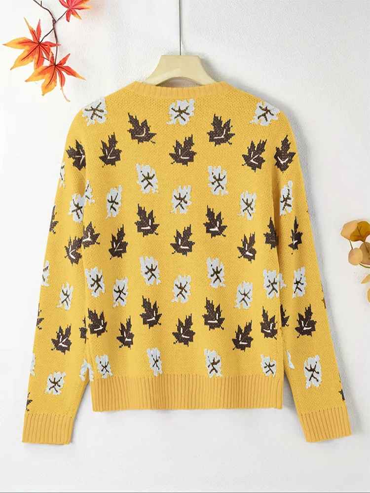 Jersey de talla grande con cuello redondo para mujer, Jersey cálido con patrón de hojas que caen, prendas de punto, ropa de talla grande a la moda para otoño e invierno