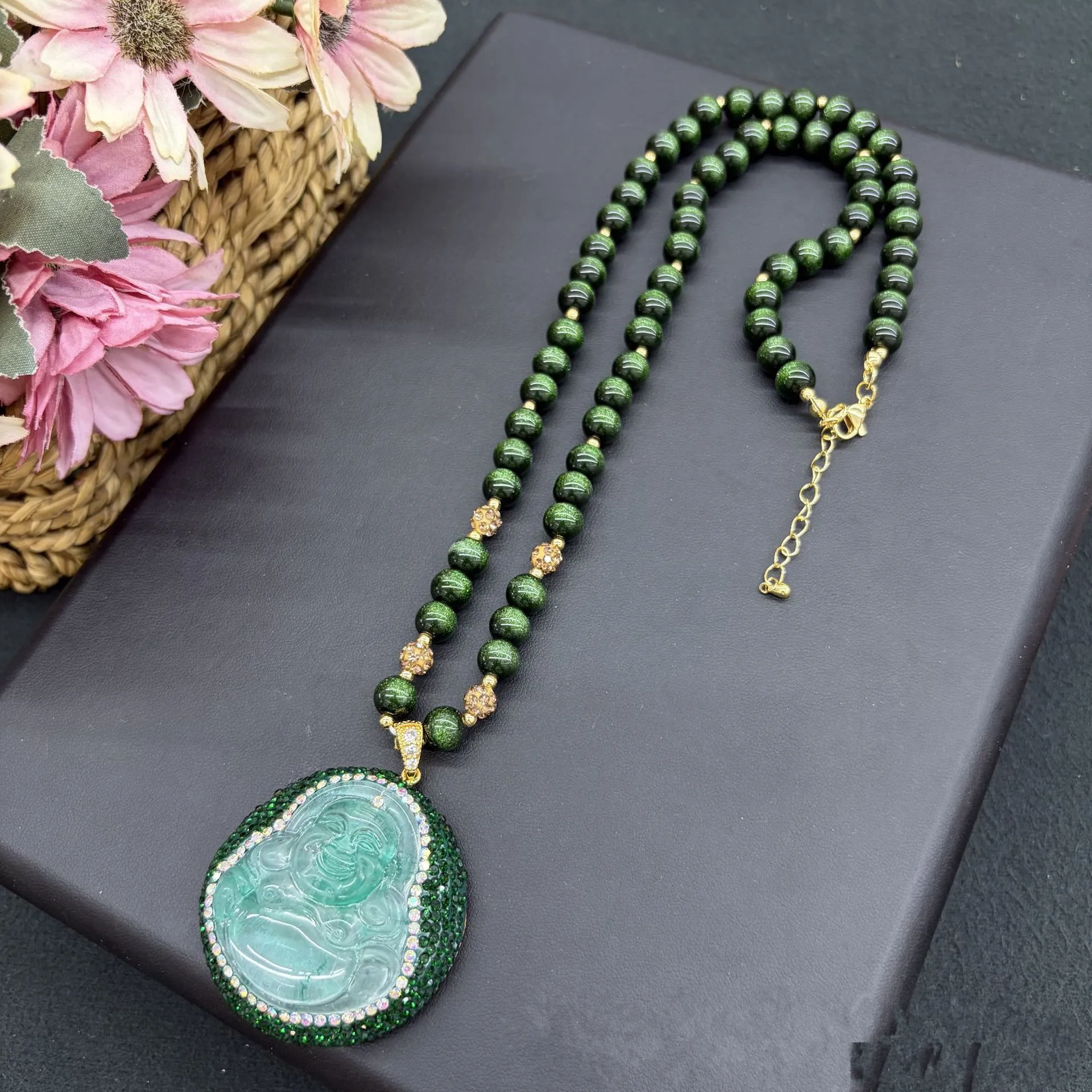 Crystal Glossy Colored Glaze Laughing Buddha Necklace Exquisite Elegant Chinese Style Women Jewelry Long Sweater Chain Collar