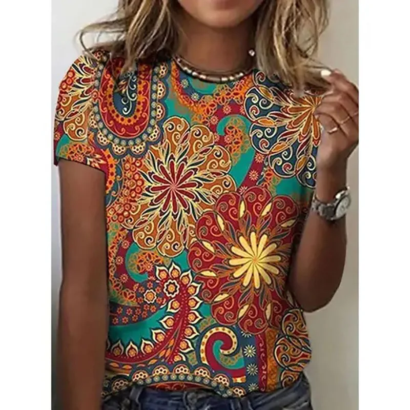 Summer Vintage Ethnic Style Geometric 3D Print T-shirts Women Streetwear Casual Short Sleeve T Shirt O-neck Tees Tops Clothing