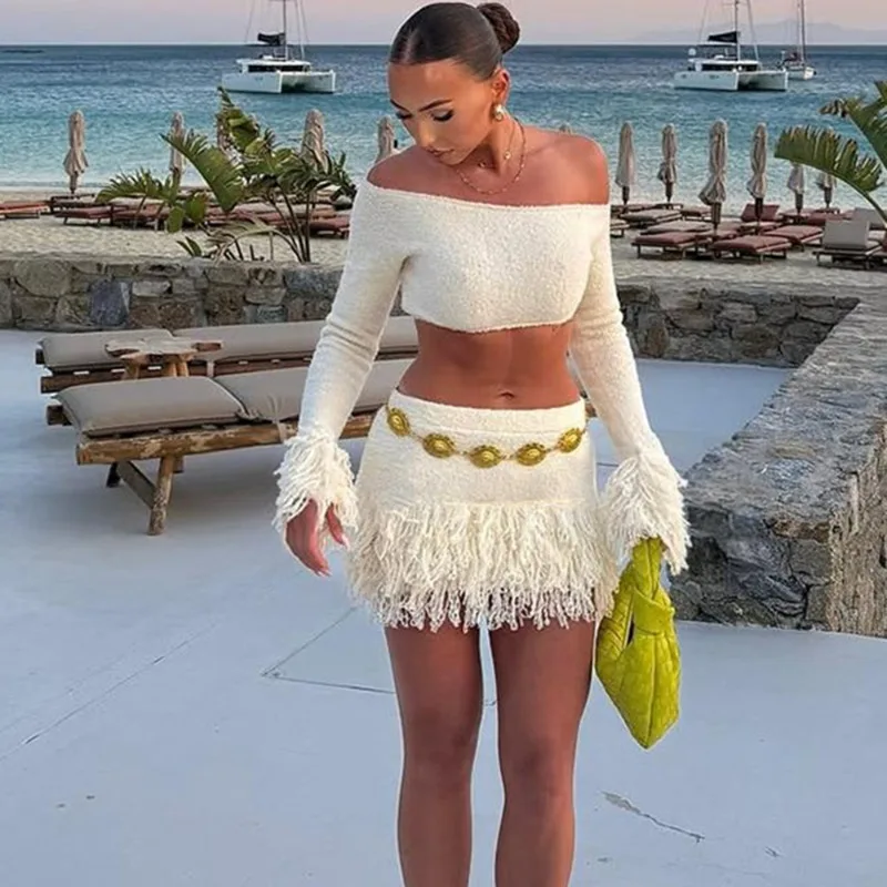 

Tuularose Autumn Knitted Skirt 2-Piece Set Sexy Off-Shoulder Top Fringe Patchwork Skirt Set Fashion Streetwear Women Dress Sets