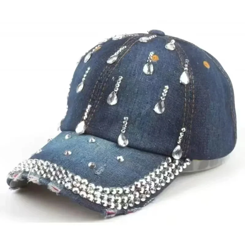 Breathable Rhinestone Baseball Cap Adjustable Sparkle Bling Cotton Denim Baseball Cap Duck Tongue Cap Women Sequins Sports Cap