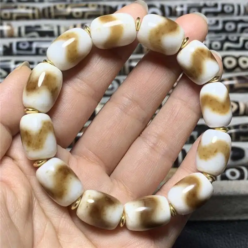 

Thing One Picture Natural Agate Genuine Old Materials White Yellow to Tiger TeethBeads Bracelet about 15*1