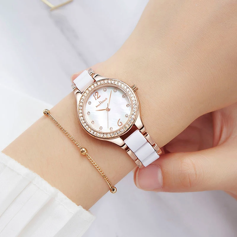 Women\'s Wristwatch Fashion Rose Gold Resin Ceramic Rhinestone Quartz Watches Woman 2024 Girl Ladies Clock