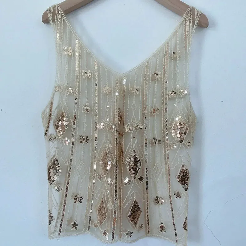 2026new Camisole For Women Western-style Sequin Embroidery Thin V-neck Backless Vest Top Summer Loose Short Women Waistcoat Vest