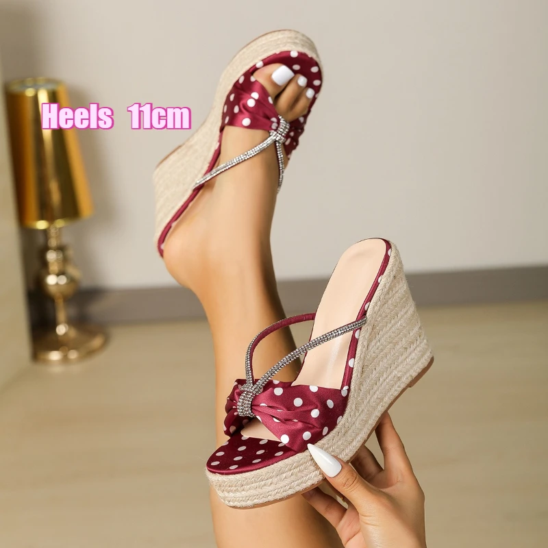 

Burgundy Polka Dot Satin Espadrille Wedge Sandals 11cm Heel Rhinestone Bow Women's Open Toe Shoes for Beach Vacation Party
