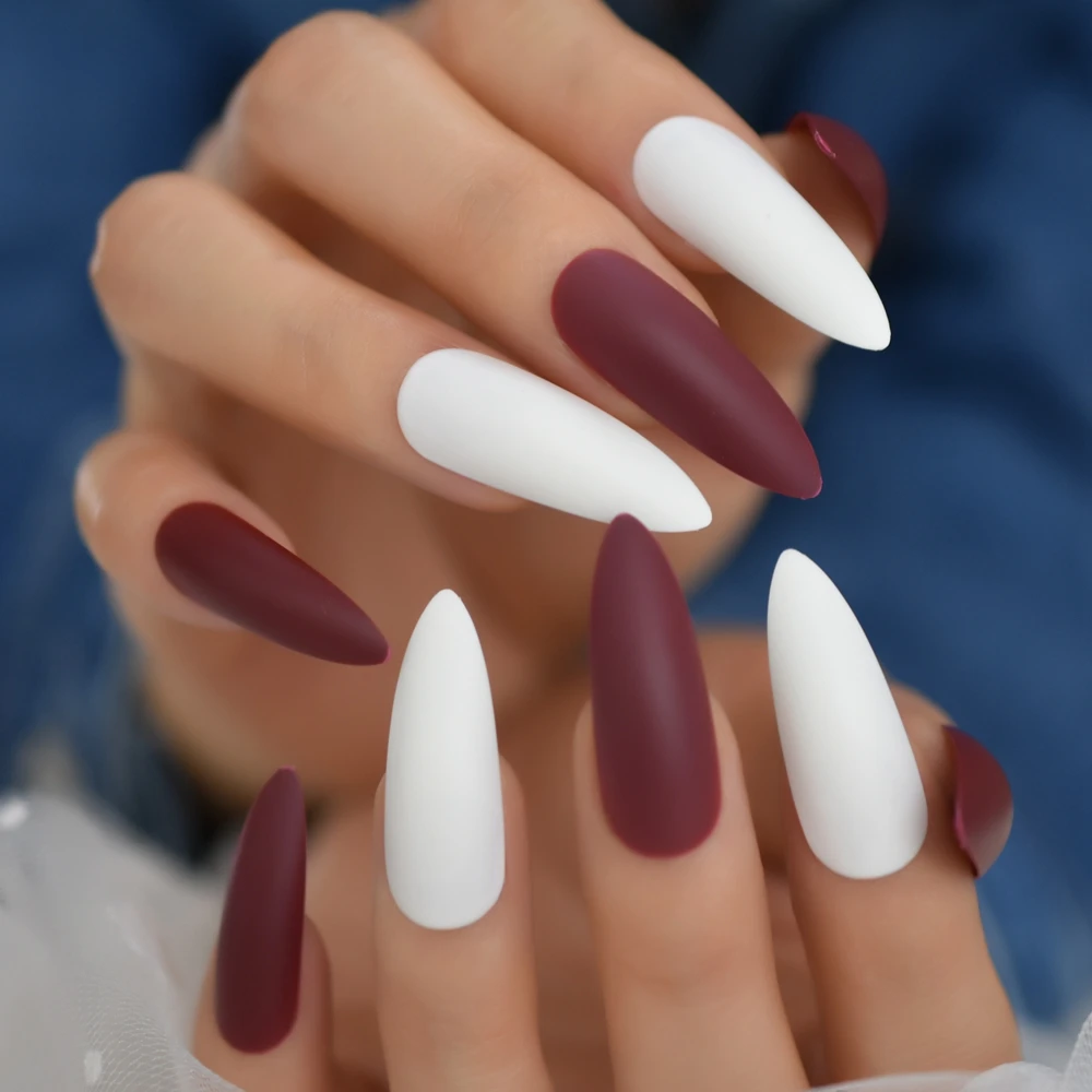 Matte Mix Burgundy White Extra Long False Nails Stiletto Tips Sharp End Stilettos Fake Nail Manicure Artificial Nails Salon