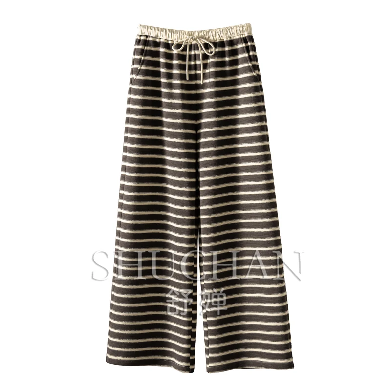 

Stripes Contrasting Colors Elastic Waist Straight Wide-leg Pants Women Pantalones De Mujer Trousers Women