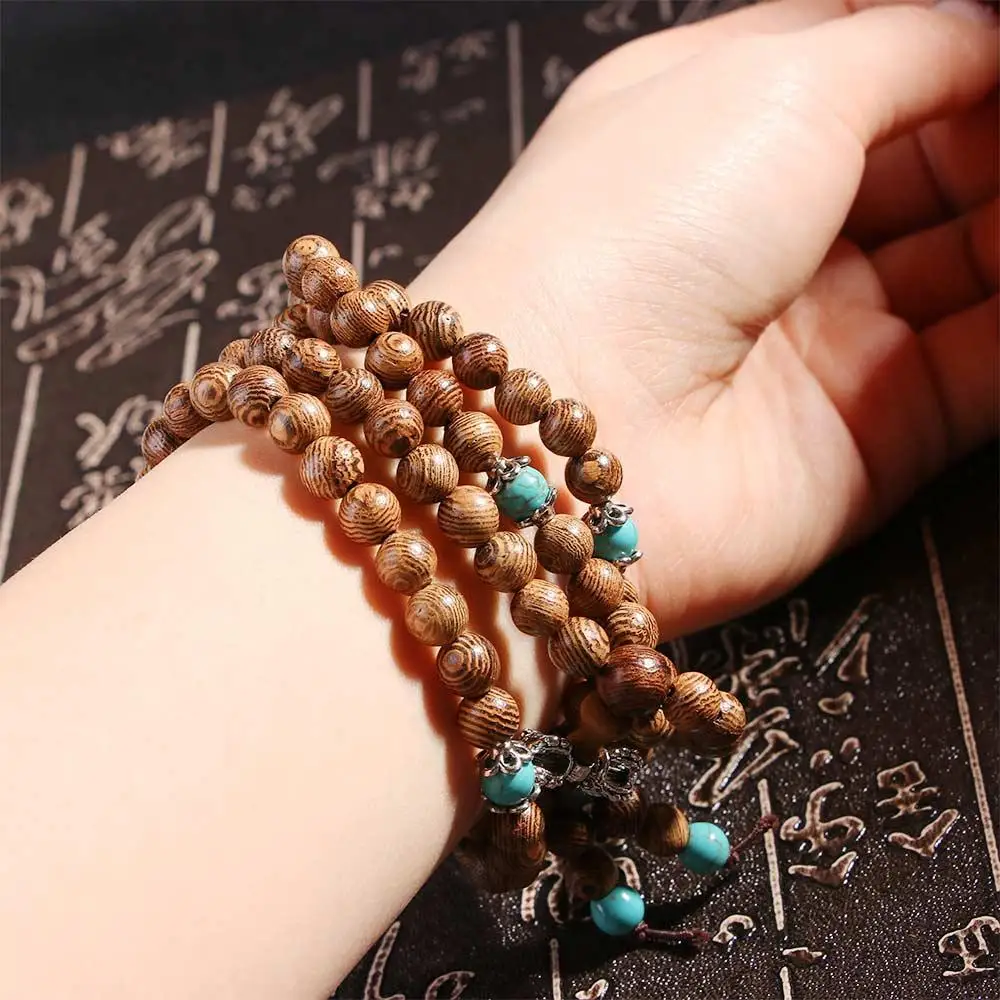 Wood Stone Mala 108 Rosary Tibetan Turquoise Buddhist Bracelet Wenge