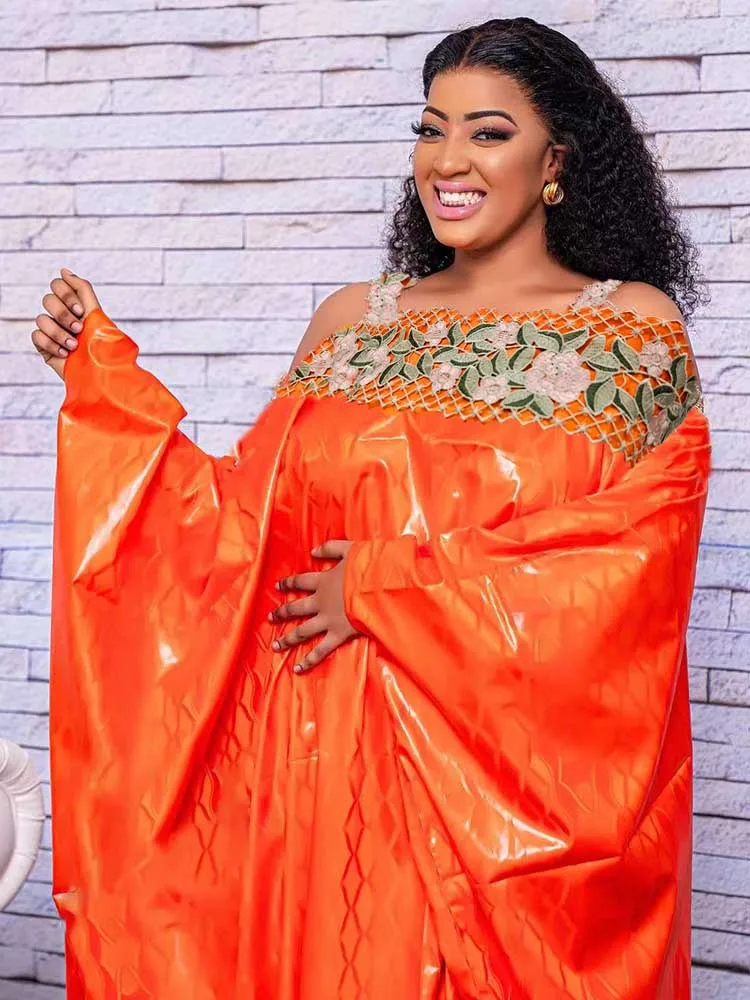 Orange Bazin Riche Long Dresses For African Free Size Party Clothing Bazin Riche Dashiki Robe Boubou Bazin Riche Clothing