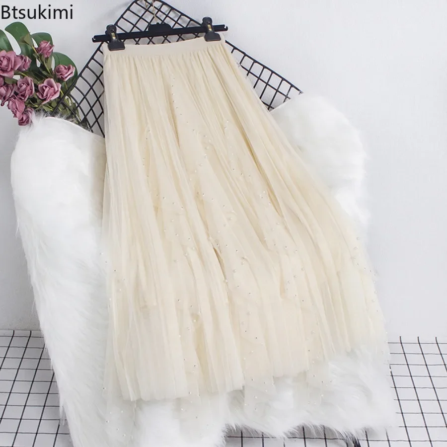 2025 Women'sTulle Pleated Irregular Long Skirt for Women Fashionable Beading Sweet A Line High Waist Mesh Midi Skirt Female Cute