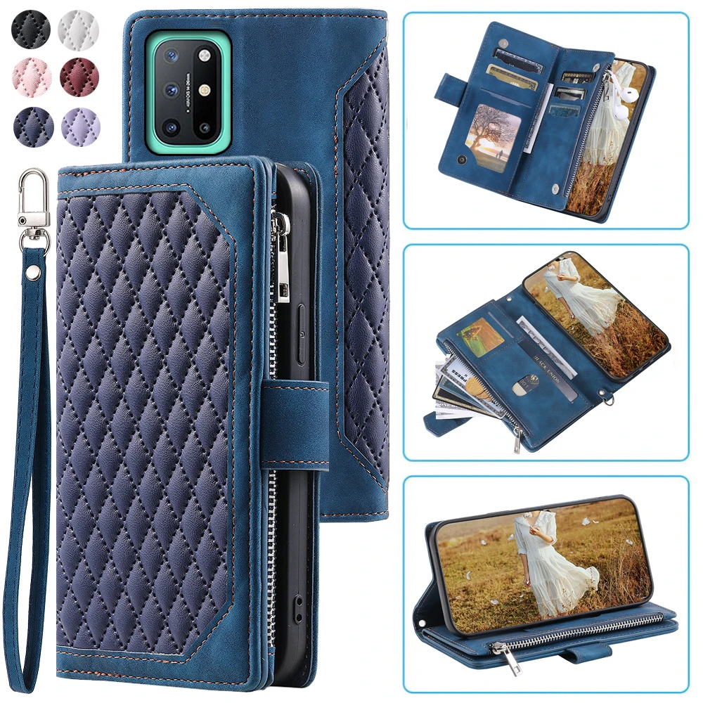 

Fashion Zipper Wallet Case For OnePlus 8T Flip Cover Multi Card Slots Cover Phone Case Card Slot Folio with Wrist Strap