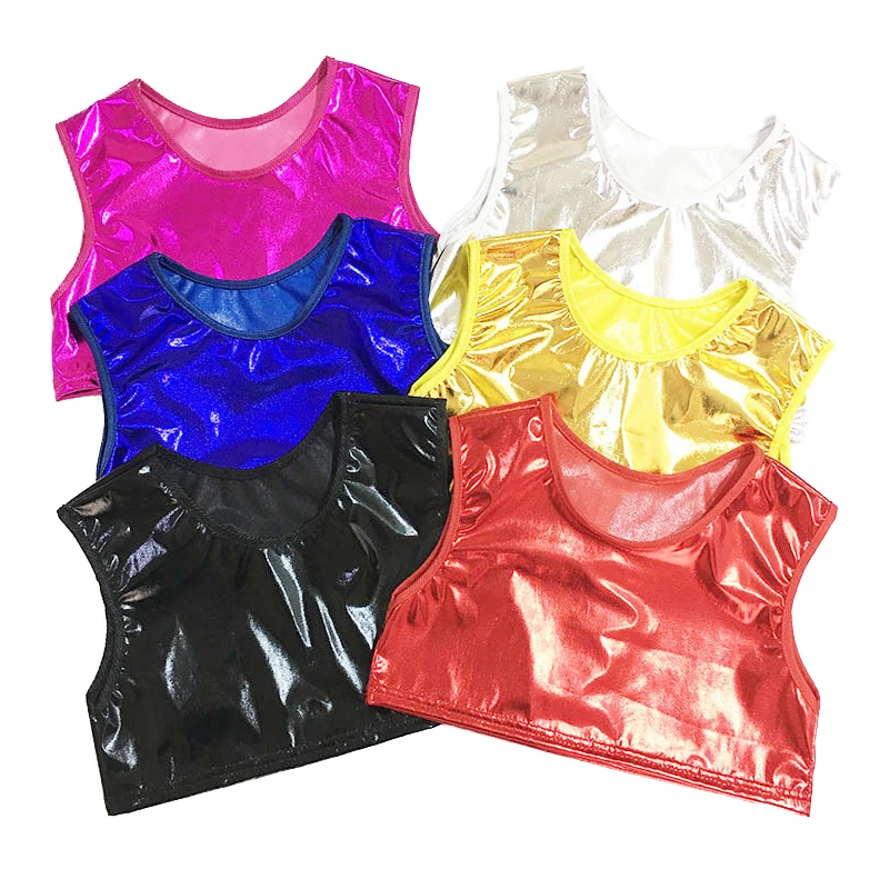 Women Shiny Sleeveless Crop Top Patent Leather Metallic Dance Hip Hop Costume Dancing Night Clubwear Tank Top Child Stage Glossy