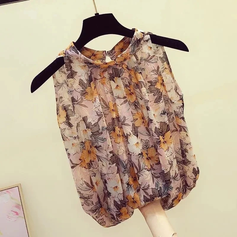 Orange Floral Printing Chiffon O-Neck Sleeveless Loose Pullover Women\'s Blouse Shirt Korean Fashion Female Clothing Tops 2024