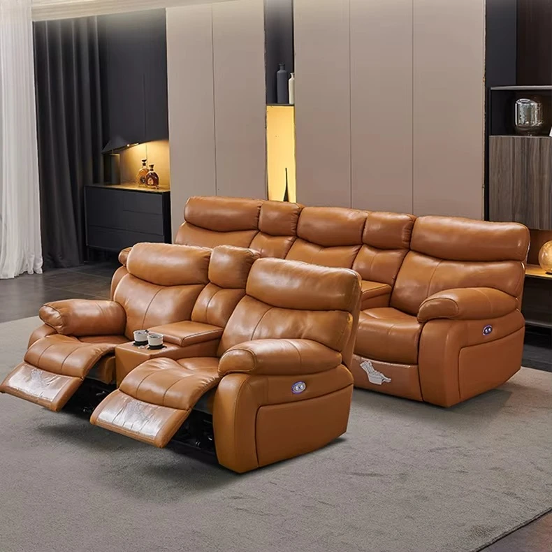 Foshan Modern Home Theater Seat Sofa Orange Leather Home Theater Furniture Stretchable Leather Interior Wooden