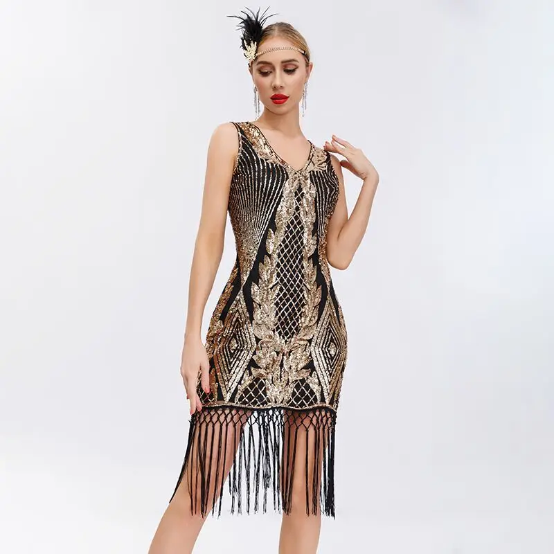 Vestido de noche de baile latino con lentejuelas, vestido de fiesta de Gatsby, borla midi