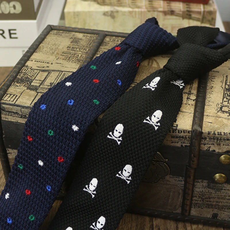 Embroidery Bicycle Floral Skull Neckties For Men Navy Knitted Neck Ties Preppy Chic Daily Neckwear Casual Shirt Accessories Gift