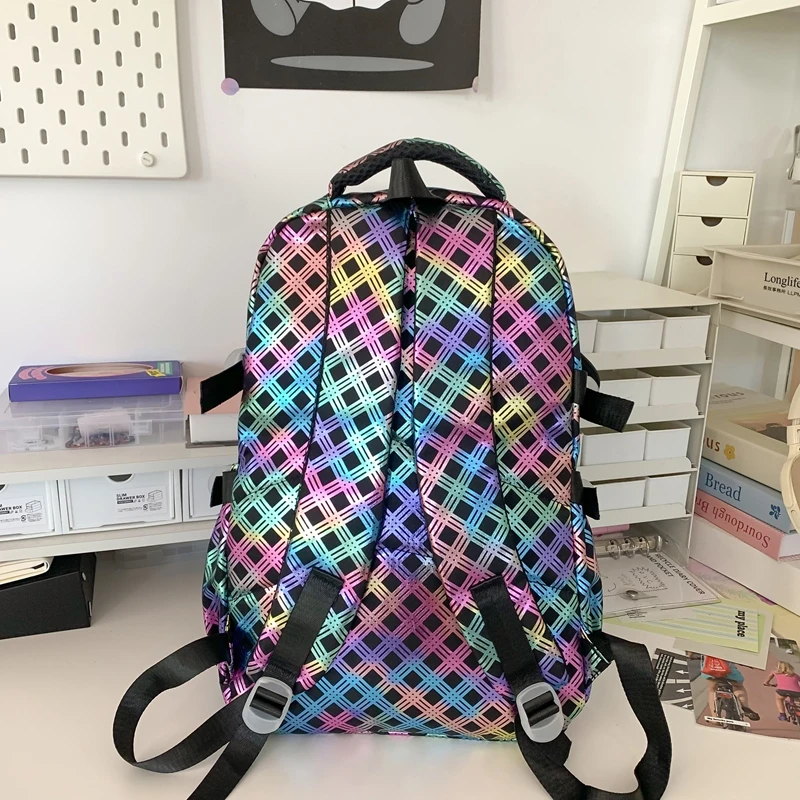 14 Inch laptop Y2K Laser Backpacks Women Large Backpacks Plaid Leisure Or Travel Bags Shiny School Bags For Girls Big Book Bags