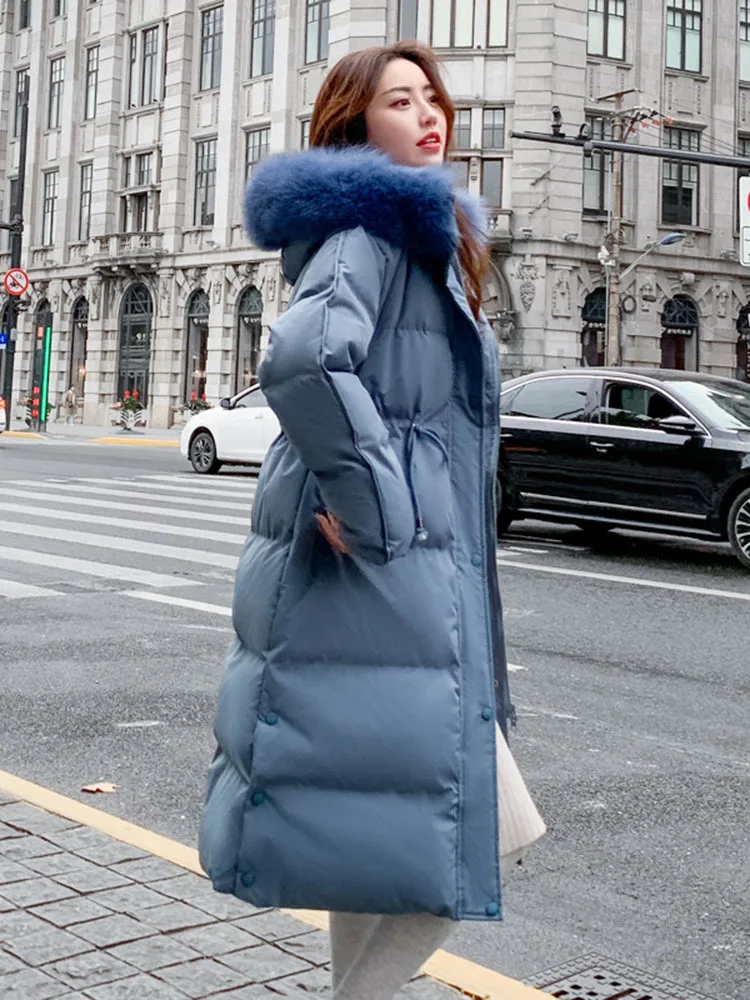 Winter Women Long Puffer Jacket 90% White Duck Down Coat Large Natural Fox Fur Hooded Female Feather Parkas