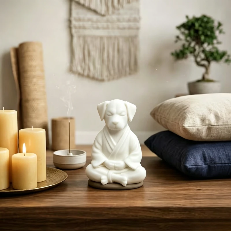 Figurine de chien en robe de méditation, statue zen apaisante pour les amateurs de pleine conscience, décoration intérieure pour voiture, bureau, fenêtre, artisanat imprimé en 3D, cadeau pour un ami
