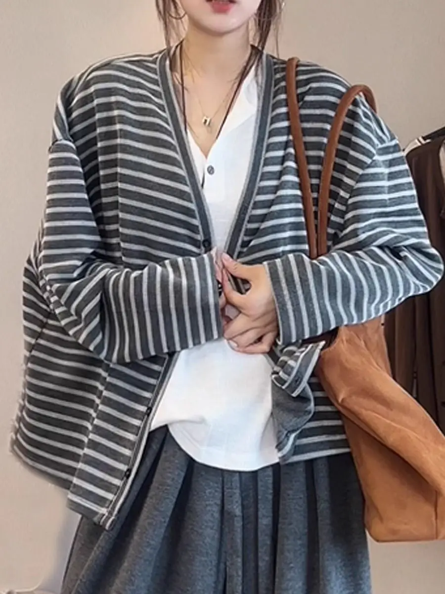 

Contrasting Color Striped Temperament Loose Long-sleeved Coat for Women Plus Size Fat Girl Slimming Versatile Casual Top