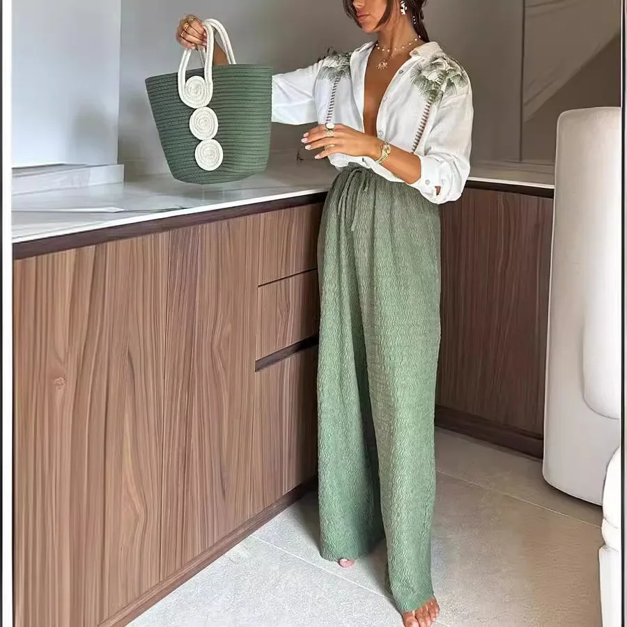 Spring and Autumn New Printed Long Sleeve Single breasted Pants Set Casual Loose Simple Sexy and Atmospheric Two piece Set