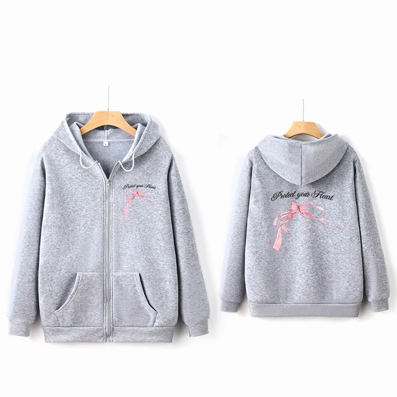 Cartoon Cute Bow Print Hoodie Fairy Grunge Graphic Women Zip up Sweatshirt Vintage Harajuku Y2k Aesthetic Girl Coat Tops Gothic