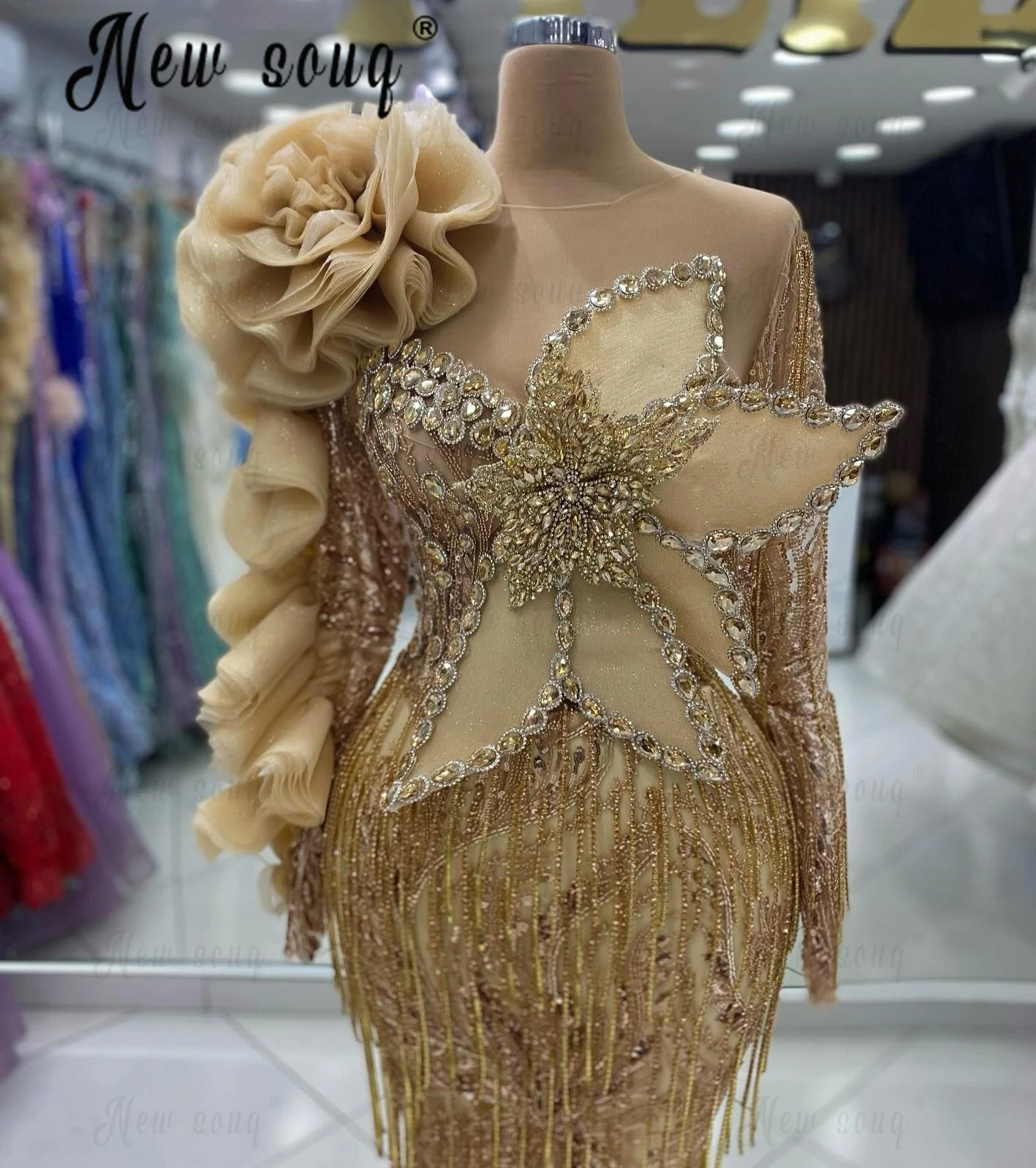 Aso Ebi Gold 3D Lace Long Sleeve Evening Dress Golden Tassel Mermaid Wedding Party Gowns Engagement Prom Dress Customized