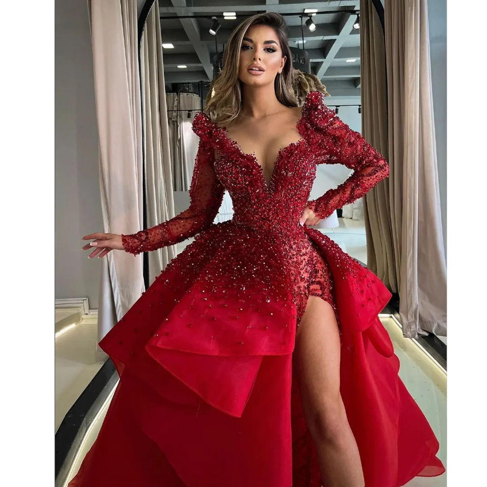 New Fashion Pearls Beading Prom Dress Luxury V-Neck Long Sleeves Floor Length Side Split Party Gowns Exquisite Evening Dress