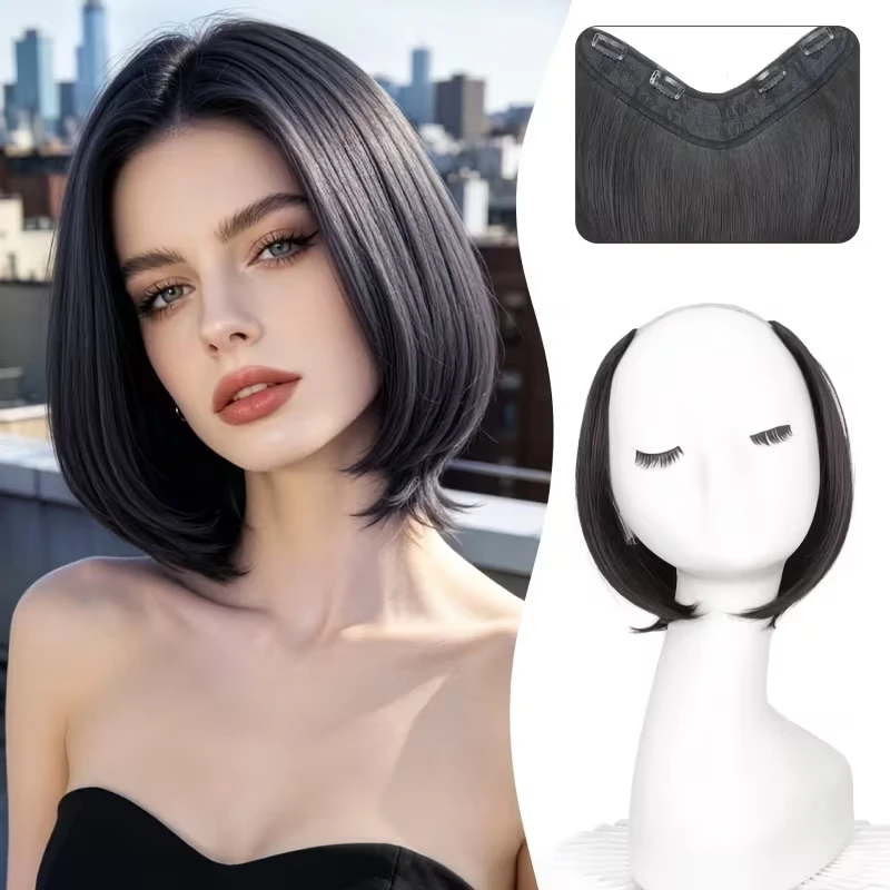 20cm Synthetic Short Straight V-Shaped Hair Extensions High-Temperature Resistant Fiber Hairpiece for Women
