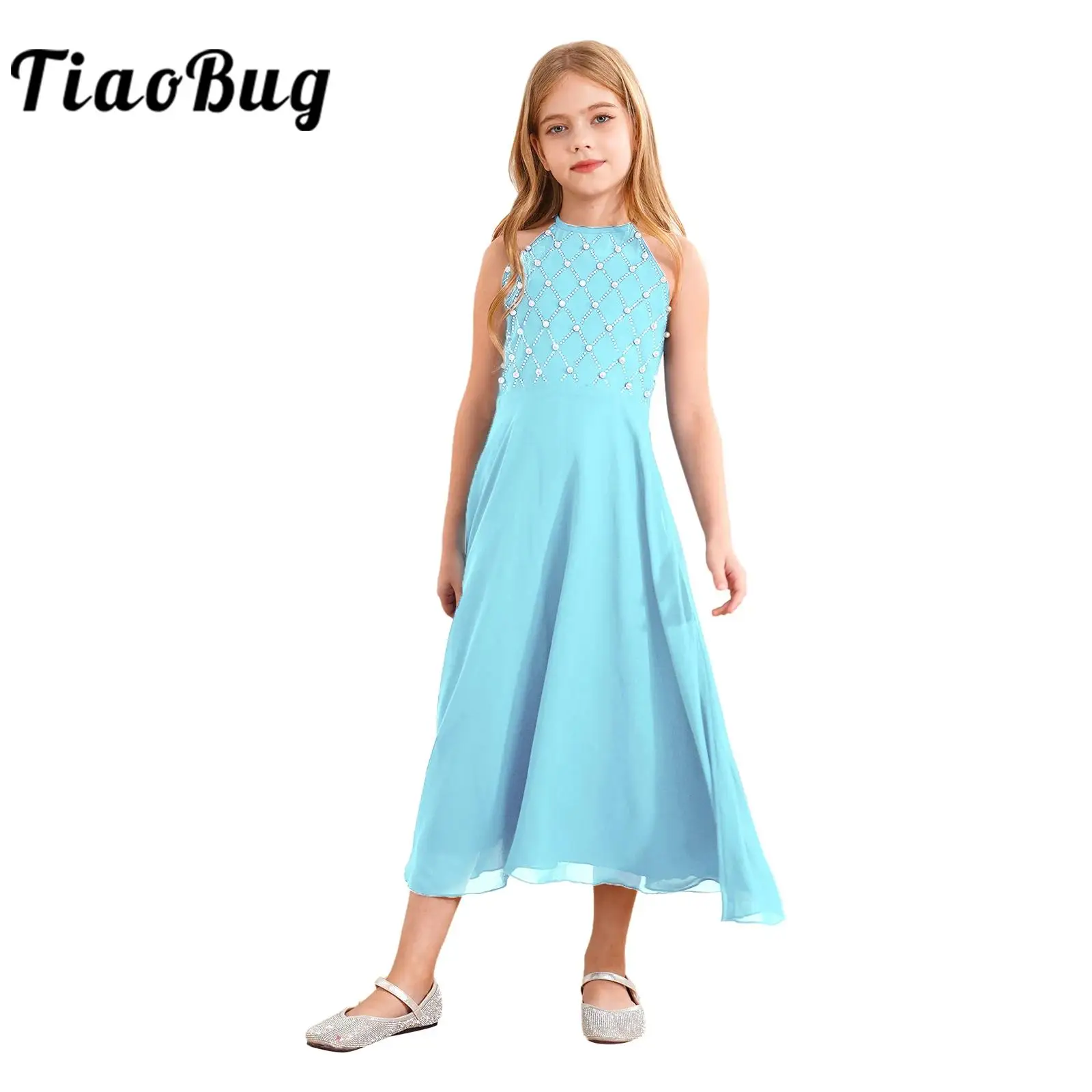 Robe de soirée en fibre de mousseline de soie pour enfants, licou, demoiselle d'honneur, soirée, anniversaire, robe de Rhprincesse élégante, vêtements de demoiselle d'honneur