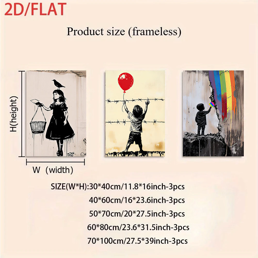 3PCS Frameless,1 Set Banksy Style triptych frameless Wall Art, Street Graffiti Girl with Balloon Rainbow Crow for Living Room Be