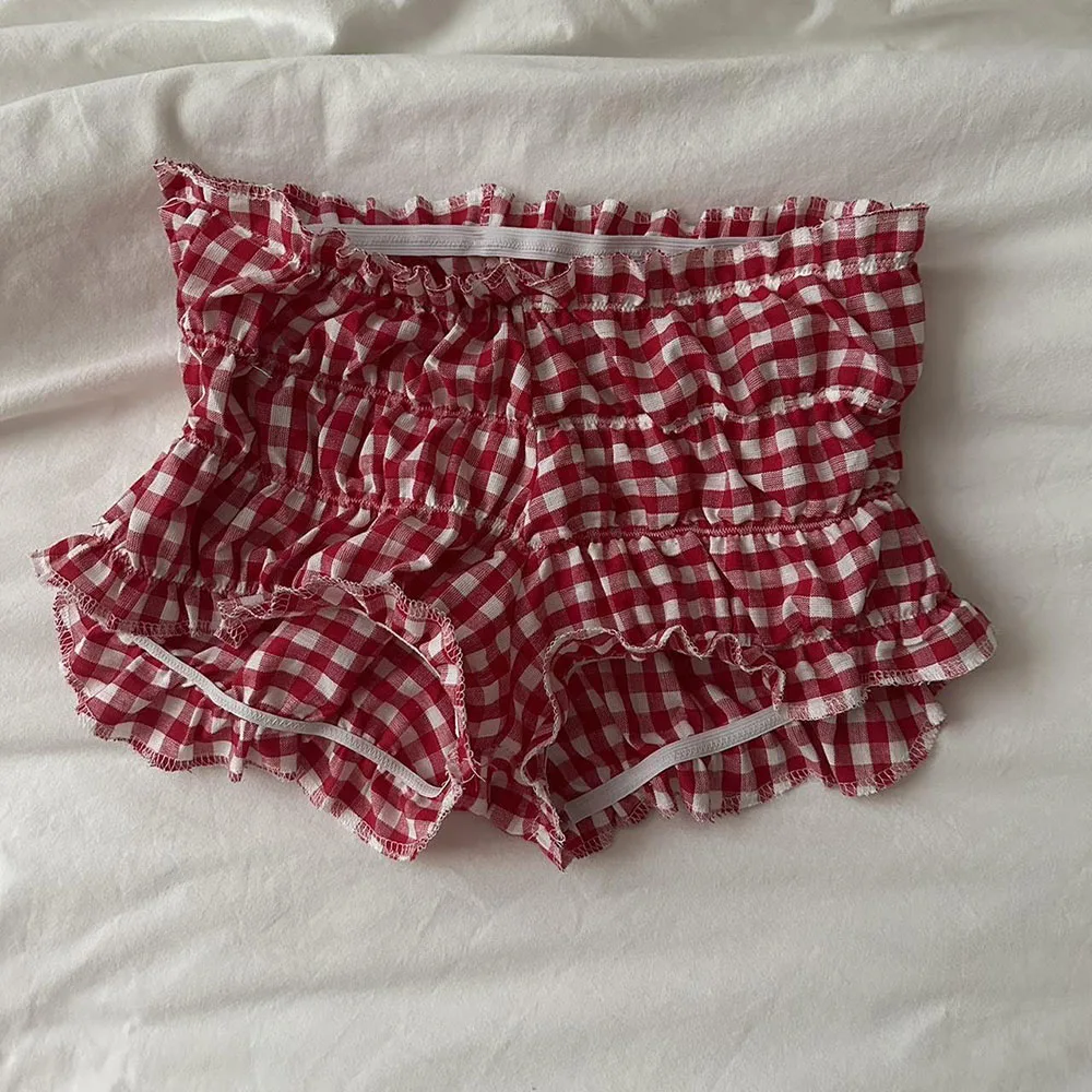 Women\'s Y2k Red Plaid Shorts Cute Pleated Cake Shorts Women Elastic low Rise Ruffles Short Pants Girl Lolita Pettipants