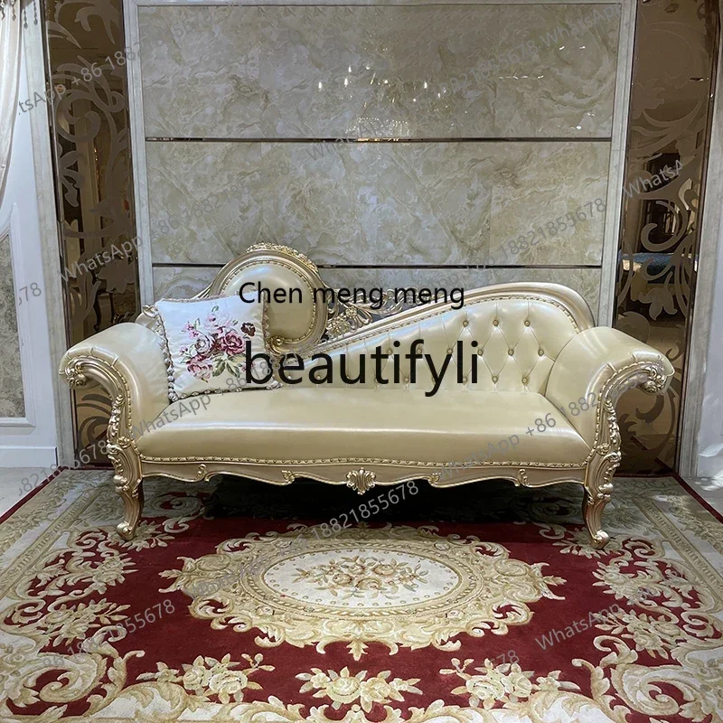 French solid wood leather art concubine chair, European luxury carved beauty couch neoclassical recliner bedroom lazy chair2936