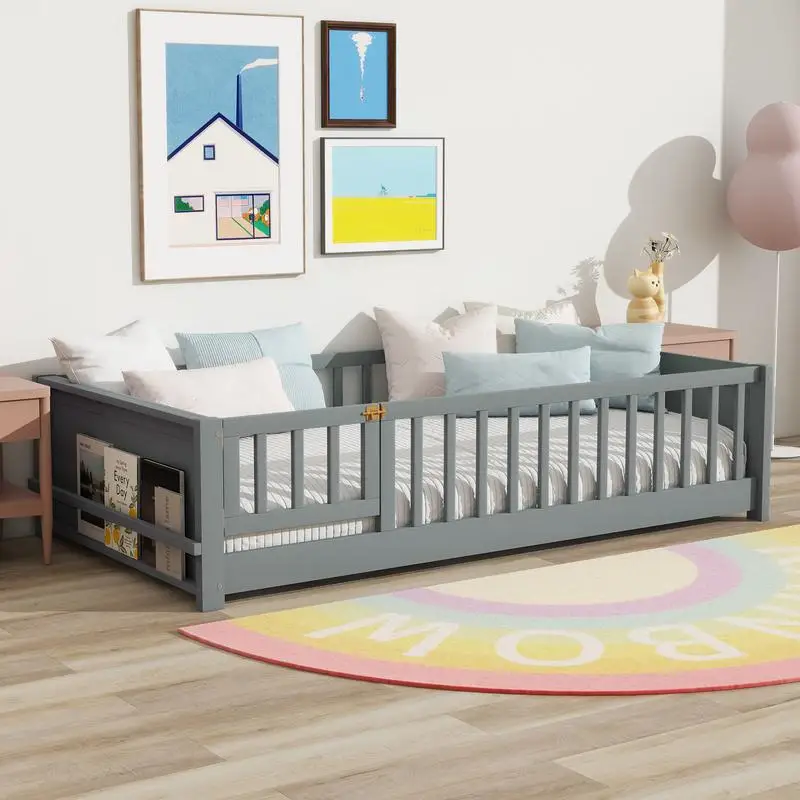 Twin Floor Bed with Book Rack and Door, Grey - Space-Saving and Stylish Design for Kids' Rooms