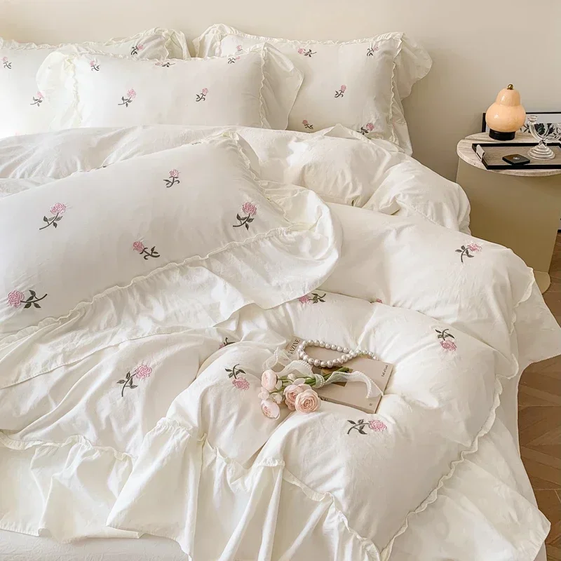 

Rose Flowers Embroidery Ruffle Lace Bedding Set for Girls, Washed Cotton Duvet Cover, Skin Friendly, Bed Sheet, Pillowcases